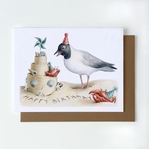 Carte d'anniversaire animal, format A2, carte d'anniversaire d'été, carte de voeux sur le thème de la plage, carte d'anniversaire de gâteau, carte d'anniversaire d'oiseau mignon, carte de mouette