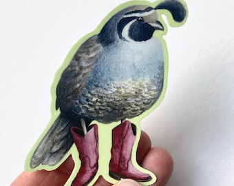 California Quail in Red Cowboy Boots Sticker, Western Sticker, Waterproof Bird Decal