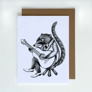 Wenskaart Coati-muzikant gitaar speelt A2-formaat, grillige verjaardagskaart, schattige regenwouddierenkaart, verjaardagskaart voor dierenliefhebber