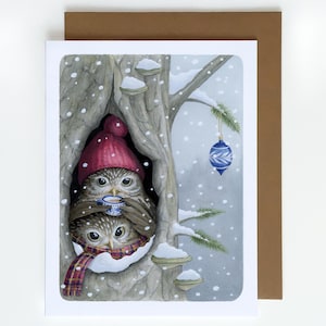 Gemütliche Eulen Grußkarte A2 (4.25"x5.5") Größe, süße Eulen Blanko Weihnachtskarte, wunderliche Tier Weihnachtskarte, Vogel Liebhaber Karte