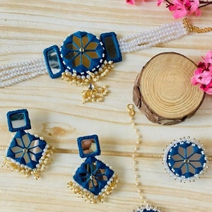 Handcrafted Choker Necklace Set with Earrings and Maang Tikka, adorned with Intricate Mirror Work and Beads