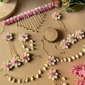 Handcrafted Choker Necklace Set with Earrings, Head Band, and Hand Harness - Mirror Work, Flowers, Cowrie Shells, and Beads Galore