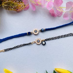 Parure de rakhi mauvais œil : bracelet fait main et rudraksha rakhi