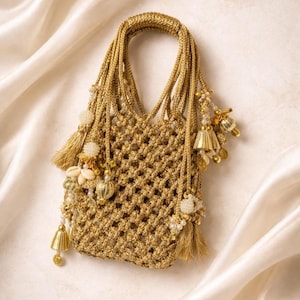 Könnte beinhalten: Eine goldfarbene, handgewebte Makramee-Tasche mit rechteckiger Form und Griff. Die Tasche ist mit Quasten, Perlen und dekorativen Elementen verziert. Die Tasche besteht aus einem dicken, gewebten Material.