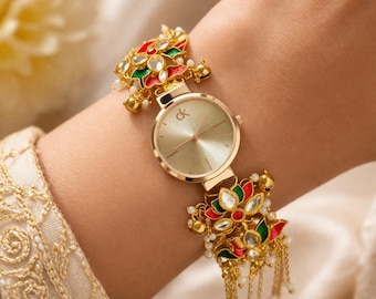 Ethnic Kundan Bracelet Watch for Women Gold Designer Bracelet Watch Indian Jewelry Bridal Festive Gift Boho Luxury Wrist Watch