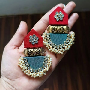 Elegant Kundan and Fabric Handmade Earrings for Navratri, Weddings, and Ethnic Glamour | Artisan Crafted