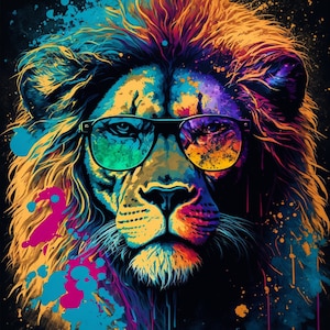 Colorful lion in sunglasses portrait print. Vibrant portrait of majestic lion with sunglasses. Colorful lion poster. Wall art