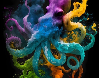 Rainbow Octopus Art Print, Colorful Sea Life Poster (Digital Download)