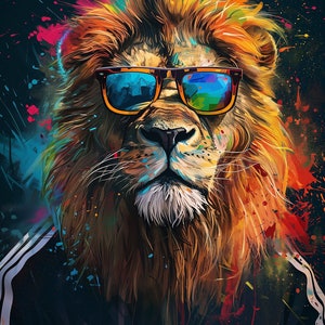 Colorful lion in sunglasses and tracksuit portrait. Lion poster. Animal in clothes. Sunglasses animal. Leo zodiac print. Safari animal print