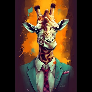 Jirafa de oficina en traje con retrato de corbata. Afiche colorido de animales. Retrato de animales. cartel de mascotas. Cartel de jirafa. Estampado animal colorido.