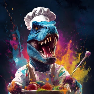 Colorful cooking TRex poster. Fun trex print. Dinosaur portrait for kitchen. Modern art for dining room. Dinosaur wall art. Kitchen decor.