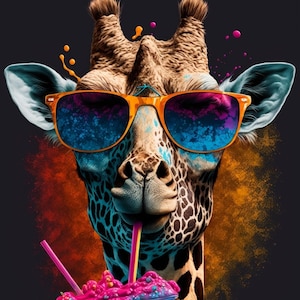 Giraffe in sunglasses drinking smoothie colorful portrait print. Colorful animal print. Animal portrait of giraffe. image 1