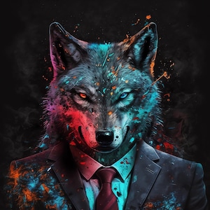 Colorful wolf portrait in business suit. Predator poster. Boyfriend gift. Animal in suit. Office wall art. Pop art wolf. Animal portrait.