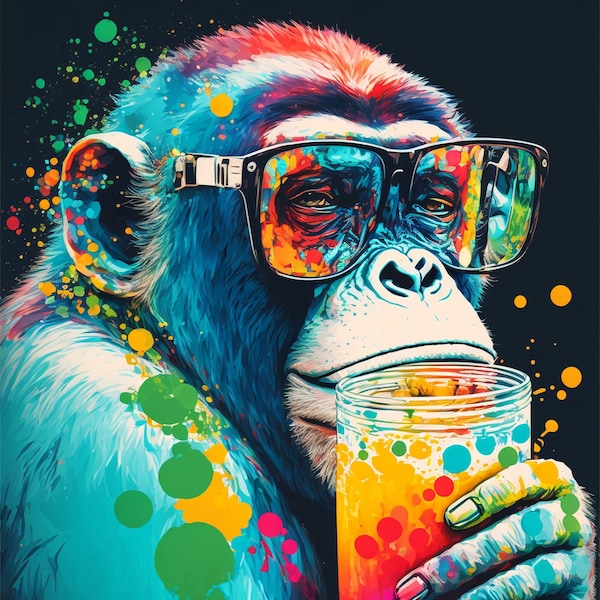 Monkey sunglasses with soda portrait. Vibrant portrait ape sunglasses drinking soda. Colorful animal portrait. Pet portrait. Monkey portrait