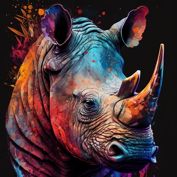 Colorful RHINO portrait. Colorful gift for friend. African animal portrait. Wall decor. Rhino print. Wild animal portrait. Savanna rhino