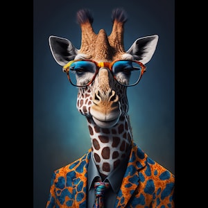 Jirafa de oficina en traje con retrato de corbata. Afiche colorido de animales. Retrato de animales. Mascota en cartel de traje. Cartel de jirafa. Estampado animal colorido
