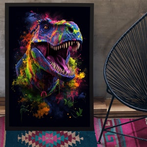 May include: A colourful, abstract painting of a Tyrannosaurus Rex dinosaur with a bright, open mouth. The dinosaur is painted in shades of blue, green, yellow, orange, and pink, with splashes of colour around it.