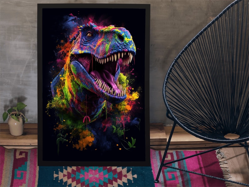 May include: A colourful, abstract painting of a Tyrannosaurus Rex dinosaur with a bright, open mouth. The dinosaur is painted in shades of blue, green, yellow, orange, and pink, with splashes of colour around it.