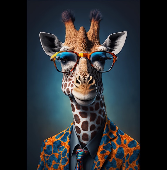 Office Giraffe in Suit With Tie Portrait. Colorful Animal Poster