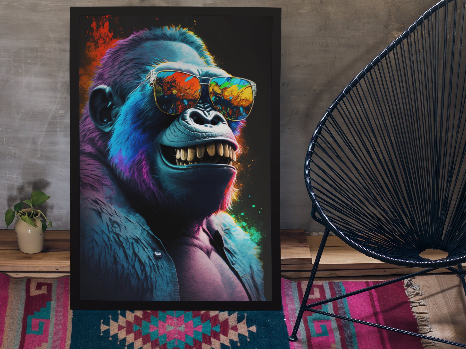 サングラスをかけたゴリラのカラフルな肖像画。動物の壁アート