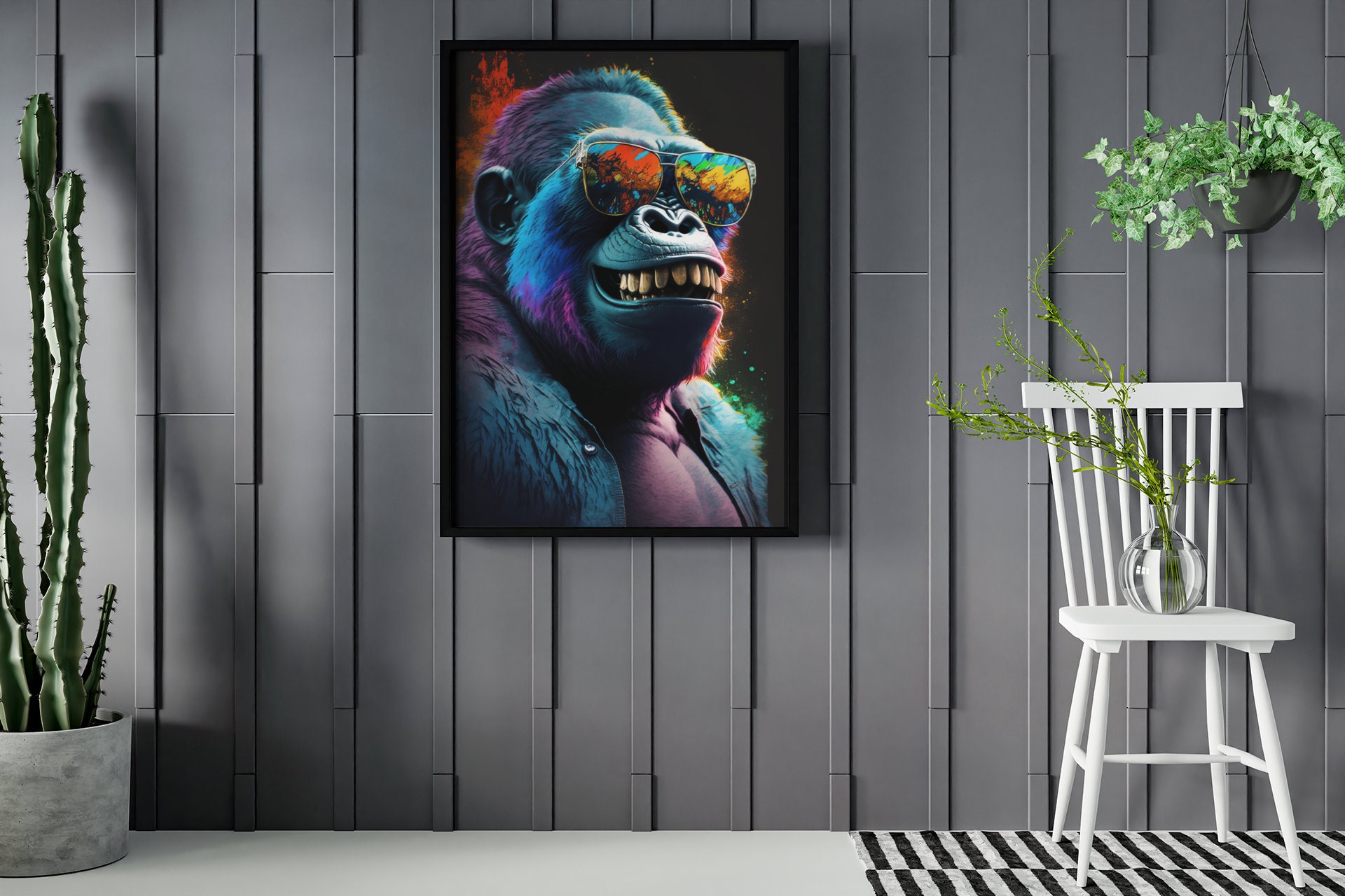 サングラスをかけたゴリラのカラフルな肖像画。動物の壁アート