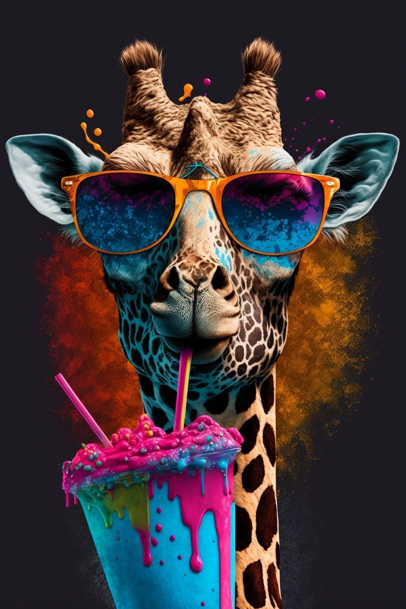 Giraffe in sunglasses drinking smoothie colorful portrait print. Colorful animal print. Animal portrait of giraffe. image 1