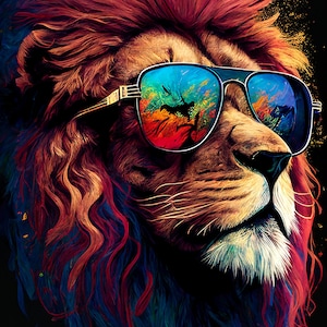 Colorful lion in sunglasses portrait print. Vibrant portrait of majestic lion with sunglasses. Colorful lion poster. Wall art