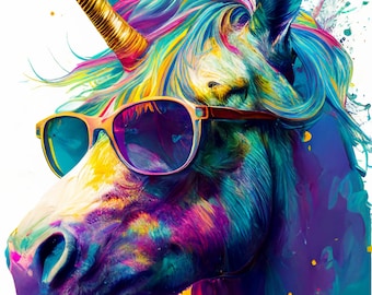 Rainbow Unicorn Sunglasses Portrait, Colorful Animal Poster (Digital Download)