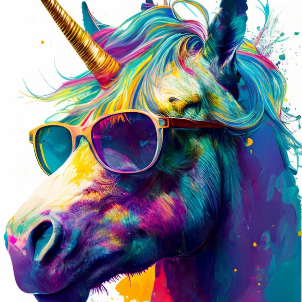 Rainbow unicorn sunglasses portrait. Colorful portrait poster unicorn sunglasses. Vibrant unicorn portrait. Animal portrait. Animal poster