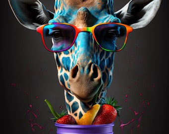 Giraffe Art Print | Sunglasses, Smoothie, Colorful Animal (Digital Download)