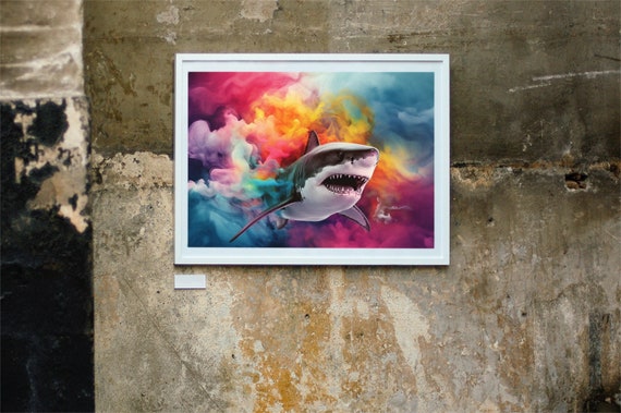 Colorful SHARK Print. Furious Shark Portrait Poster. Nautical Life