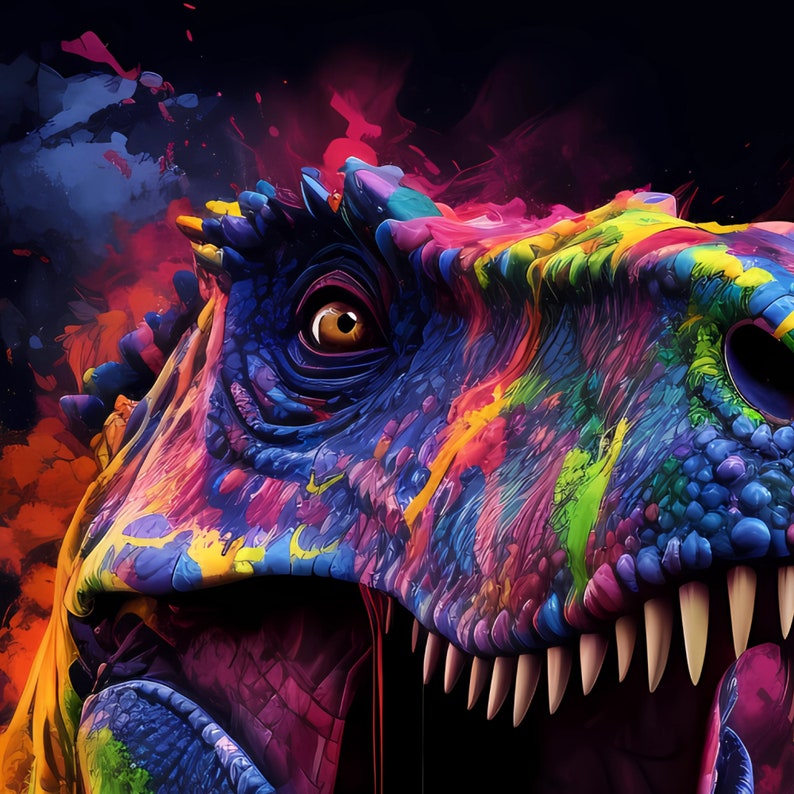 May include: A close-up of a colourful dinosaur head with a bright blue, green, yellow, pink, and purple paint splatter design. The dinosaur's mouth is open, revealing sharp teeth.