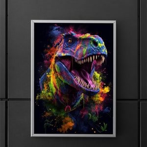 May include: A colourful, abstract painting of a dinosaur's head with a bright, open mouth. The dinosaur is painted in shades of blue, green, purple, and yellow, with splashes of colour around it.