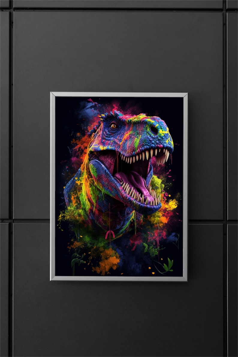 May include: A colourful, abstract painting of a dinosaur's head with a bright, open mouth. The dinosaur is painted in shades of blue, green, purple, and yellow, with splashes of colour around it.
