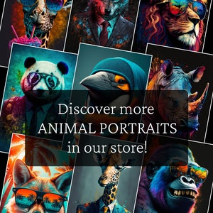 May include: A collage of animal portraits with a colourful, abstract background. Each animal is wearing sunglasses and a suit. The animals include a giraffe, wolf, lion, panda, toucan, rhinoceros, fox, and gorilla. The text "Discover more ANIMAL PORTRAITS in our store!" is displayed in the centre of the collage.