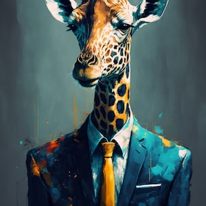 Office giraffe in suit with tie portrait. Colorful animal poster. Animal portrait. Pet poster. Giraffe poster. Colorful animal print.