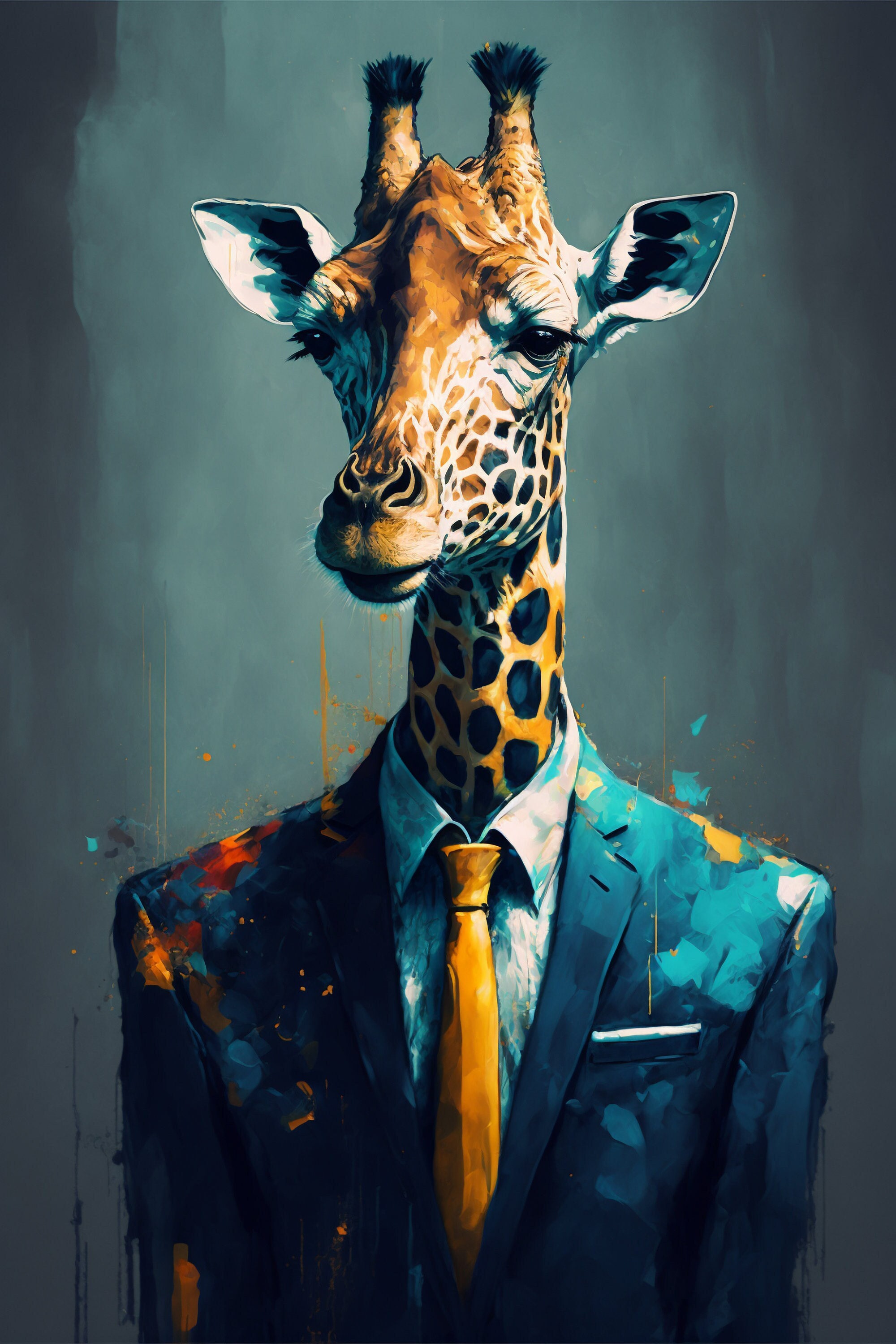 Office Giraffe in Suit With Tie Portrait. Colorful Animal Poster
