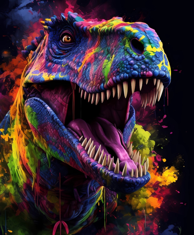 May include: A colourful, abstract painting of a dinosaur with its mouth open, revealing sharp teeth. The dinosaur is painted in shades of blue, green, purple, and yellow, with splashes of paint creating a dynamic and energetic effect.