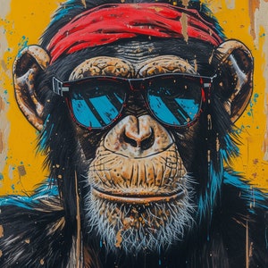 Chimpanzee in SUNGLASSES colorful portrait. Monkey wall art. Colorful animal print. Colorful monkey portrait. Friend gift. Modern art print