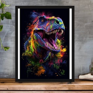 May include: A colourful, abstract painting of a dinosaur with a bright pink tongue. The dinosaur is surrounded by splashes of paint in shades of blue, green, yellow, and orange.