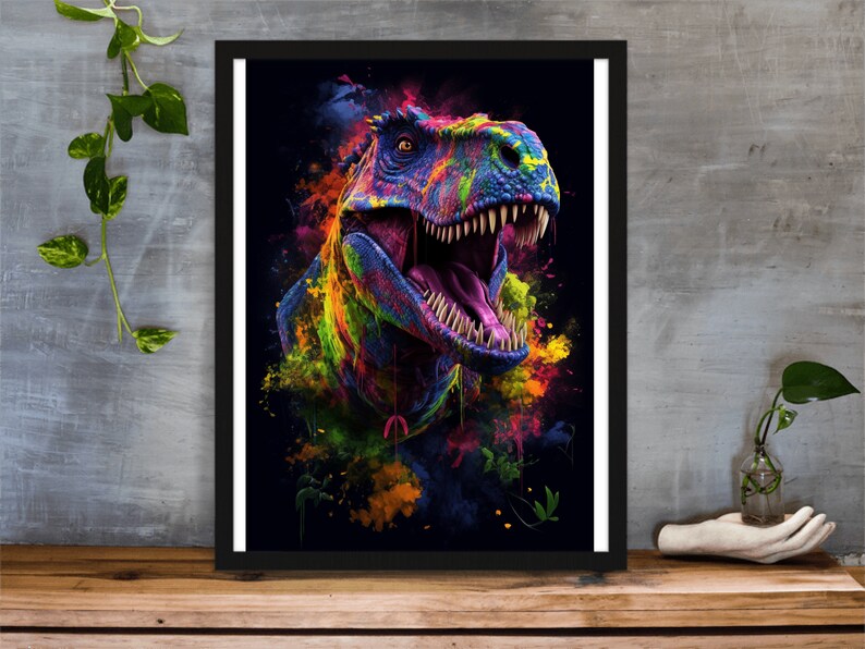 May include: A colourful, abstract painting of a dinosaur with a bright pink tongue. The dinosaur is surrounded by splashes of paint in shades of blue, green, yellow, and orange.