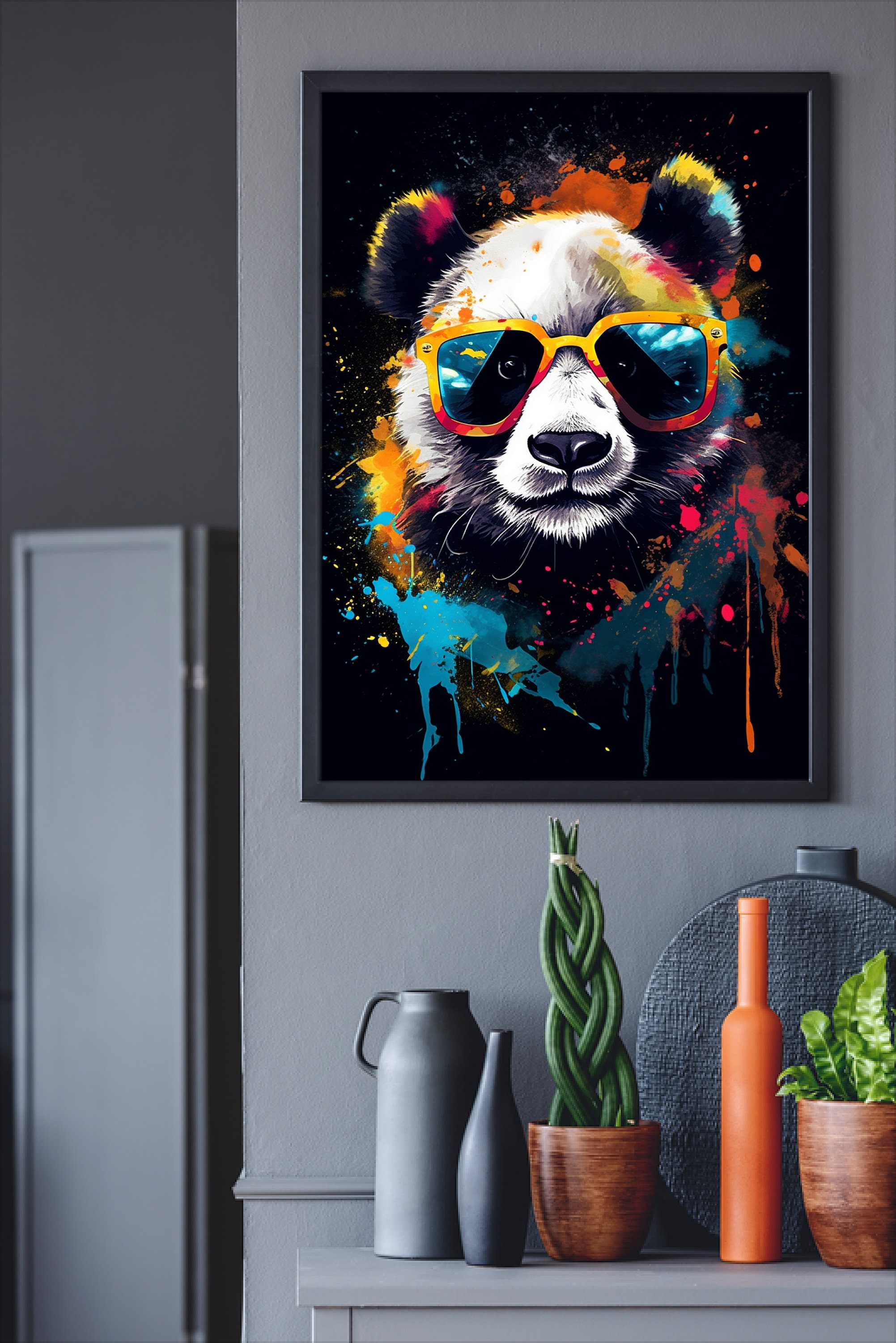 サングラスをかけたパンダの肖像画。カラフルなパンダのプリント