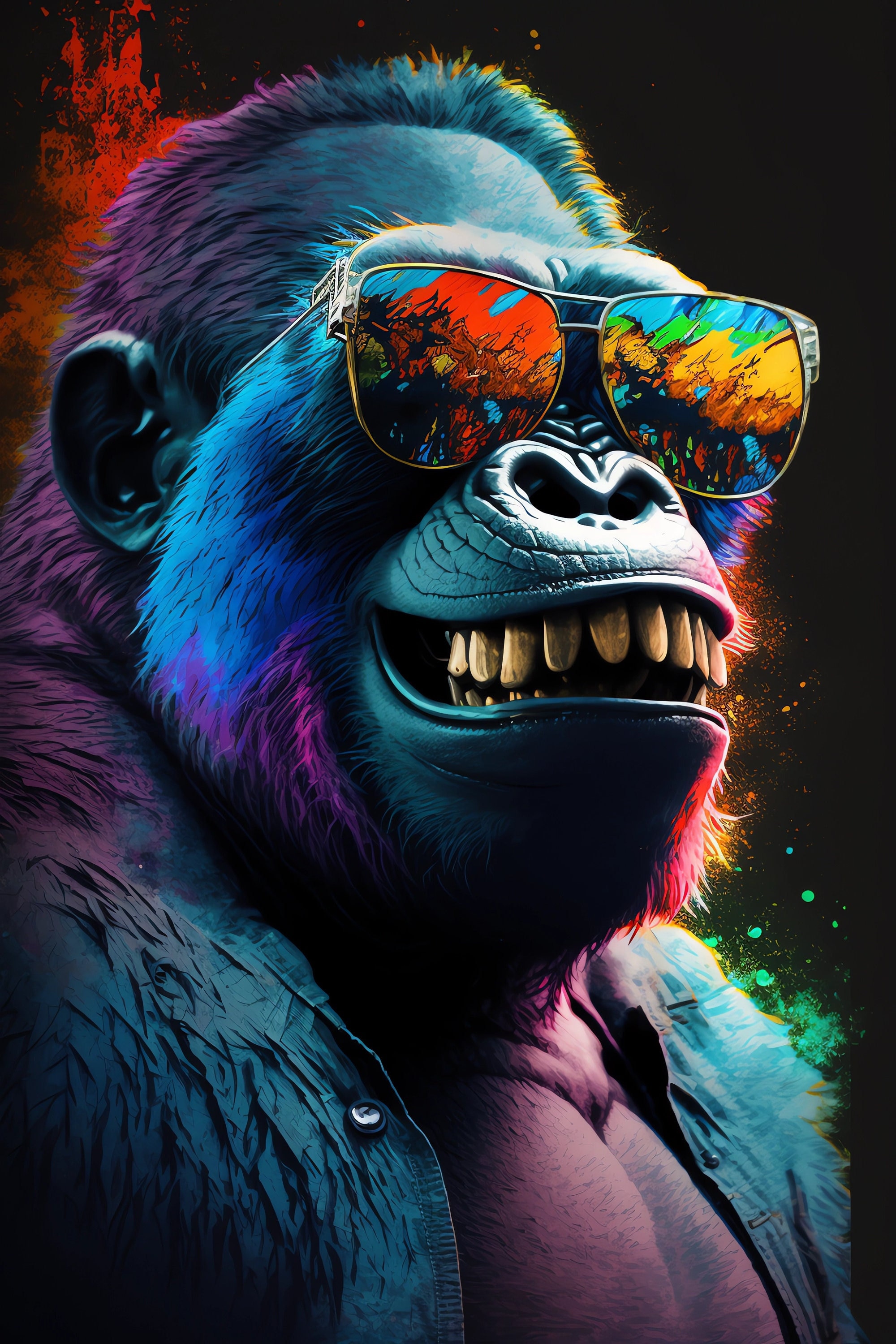 サングラスをかけたゴリラのカラフルな肖像画。動物の壁アート