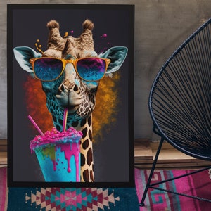 Giraffe in sunglasses drinking smoothie colorful portrait print. Colorful animal print. Animal portrait of giraffe. image 5