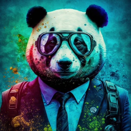 サングラスをかけたパンダの肖像画。カラフルなパンダのプリント