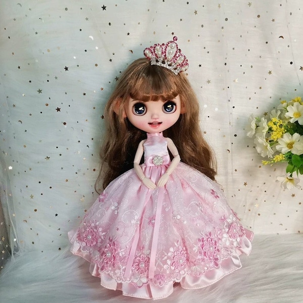 Pink Blythe Princess Dress, Diamond Crown Headwear, OB24 Doll Halter Dress, Lace Flower Decoration Finished Clothes, Blythe Outfits