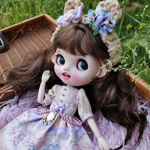 Blythe Lolita Dress, Vintage Purple Autumn Dress, Ob24 Doll Finished Clothing, Ear Headband Flower Hairpin, Blythe Doll Princess Dress