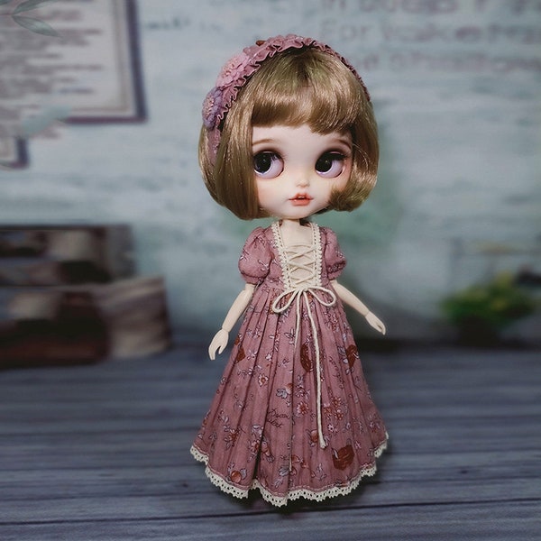 Kit de couture complet + motif, robe de pêche rose, faire ensemble de vêtements de poupée par vous-même, Blythe, robe vintage de poupée 1/6BJD, kit de couture de vêtements de poupée