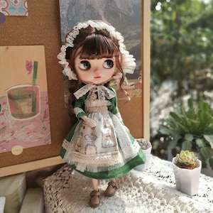 Green Blythe Dress, Vintage Rural Style Blythe Clothing, Blythe Apron, Blythe Lace Hat, Blythe Doll Finished Cloth, Gift For Your Blythe