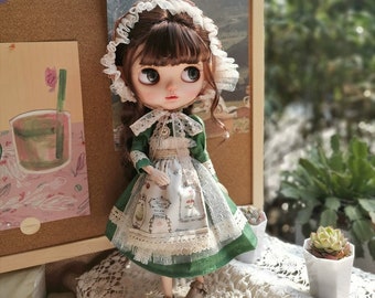 Green Blythe Dress, Vintage Rural Style Blythe Clothing, Blythe Apron, Blythe Lace Hat, Blythe Doll Finished Cloth, Gift For Your Blythe